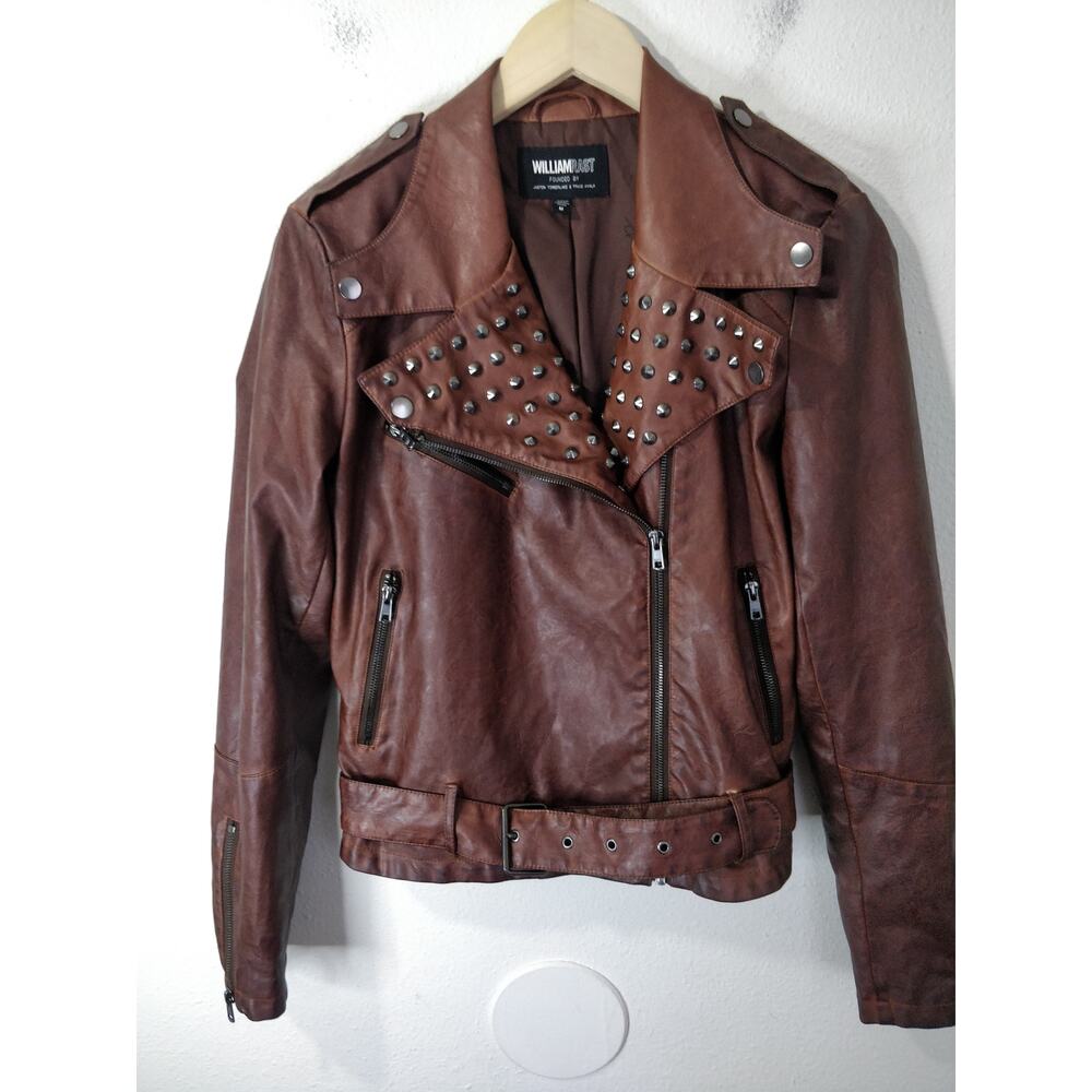 William Rast Mahogany Brown Vegan Leather Studded Asymmetric Zip Moto Jacket M